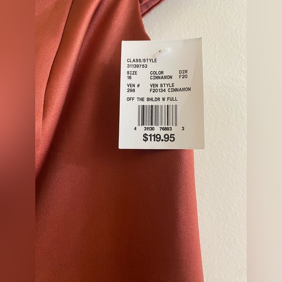 Off-Shoulder Cinnamon / Rust Satin A-Line Dress - Picture 8 of 9